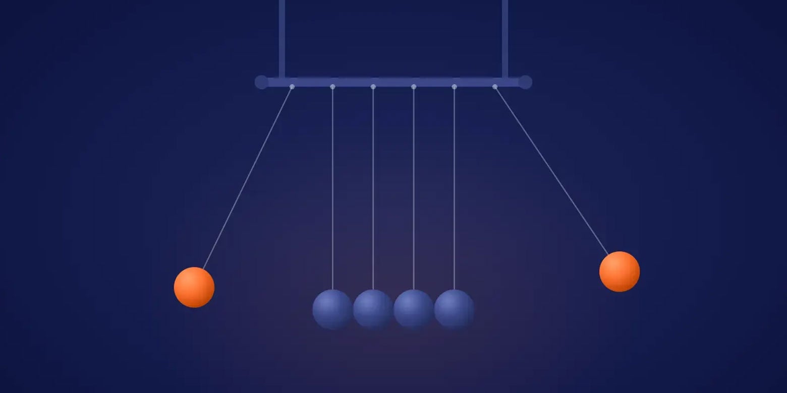 Illustration of pendulum balls in motion, representing momentum and continued movement in financial markets.