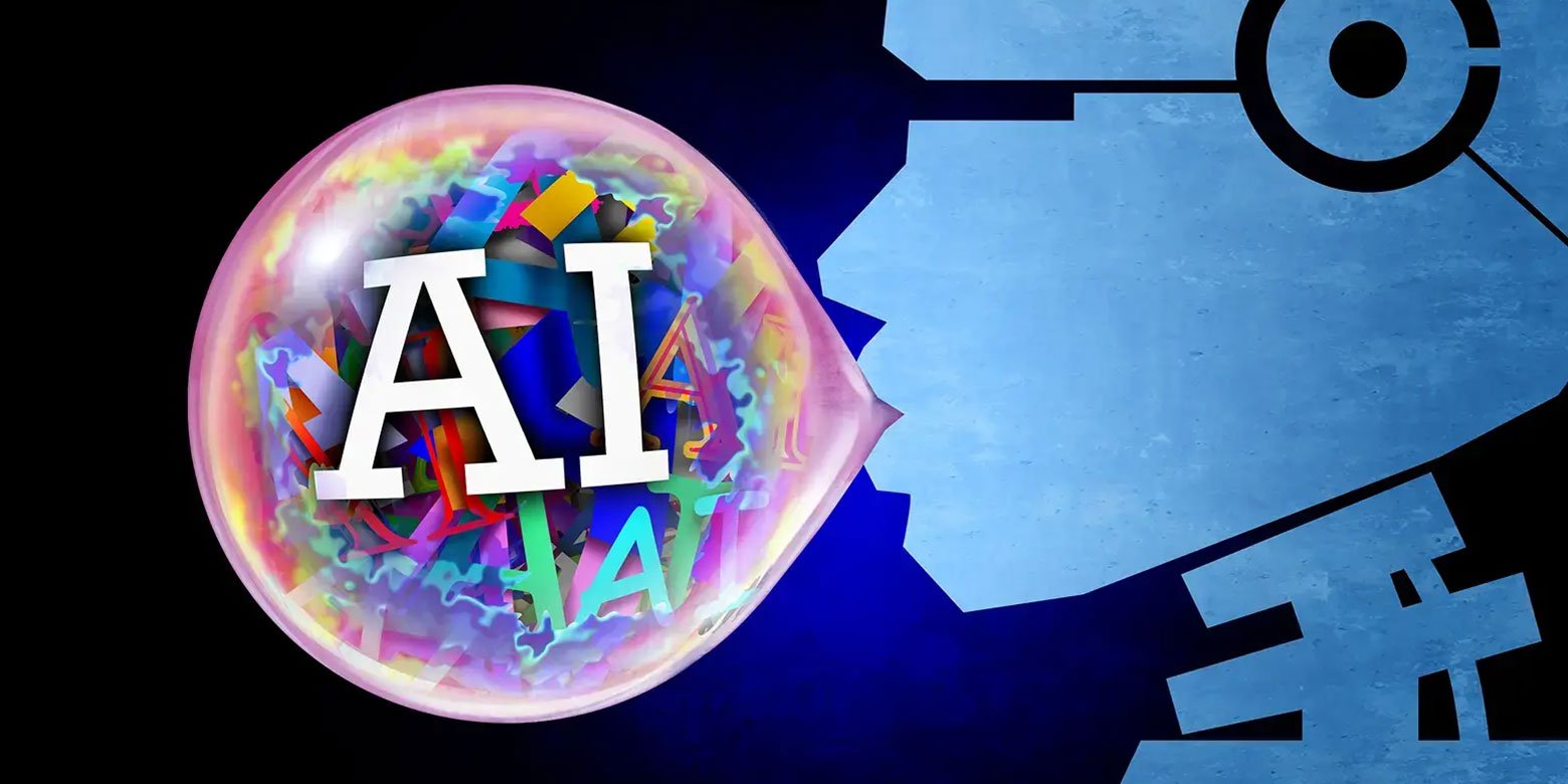 Illustration of a robot blowing a bubble with AI written on it
