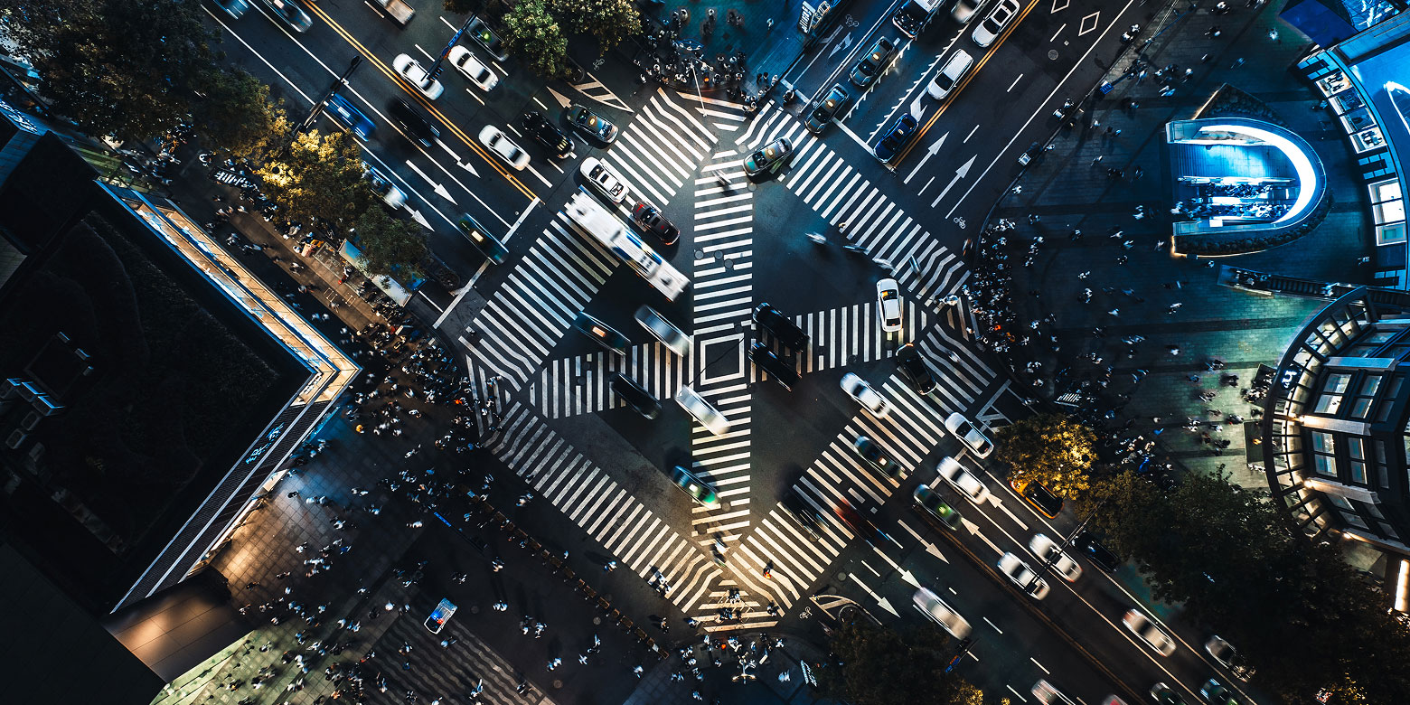Aerial view of traffic intersection at night