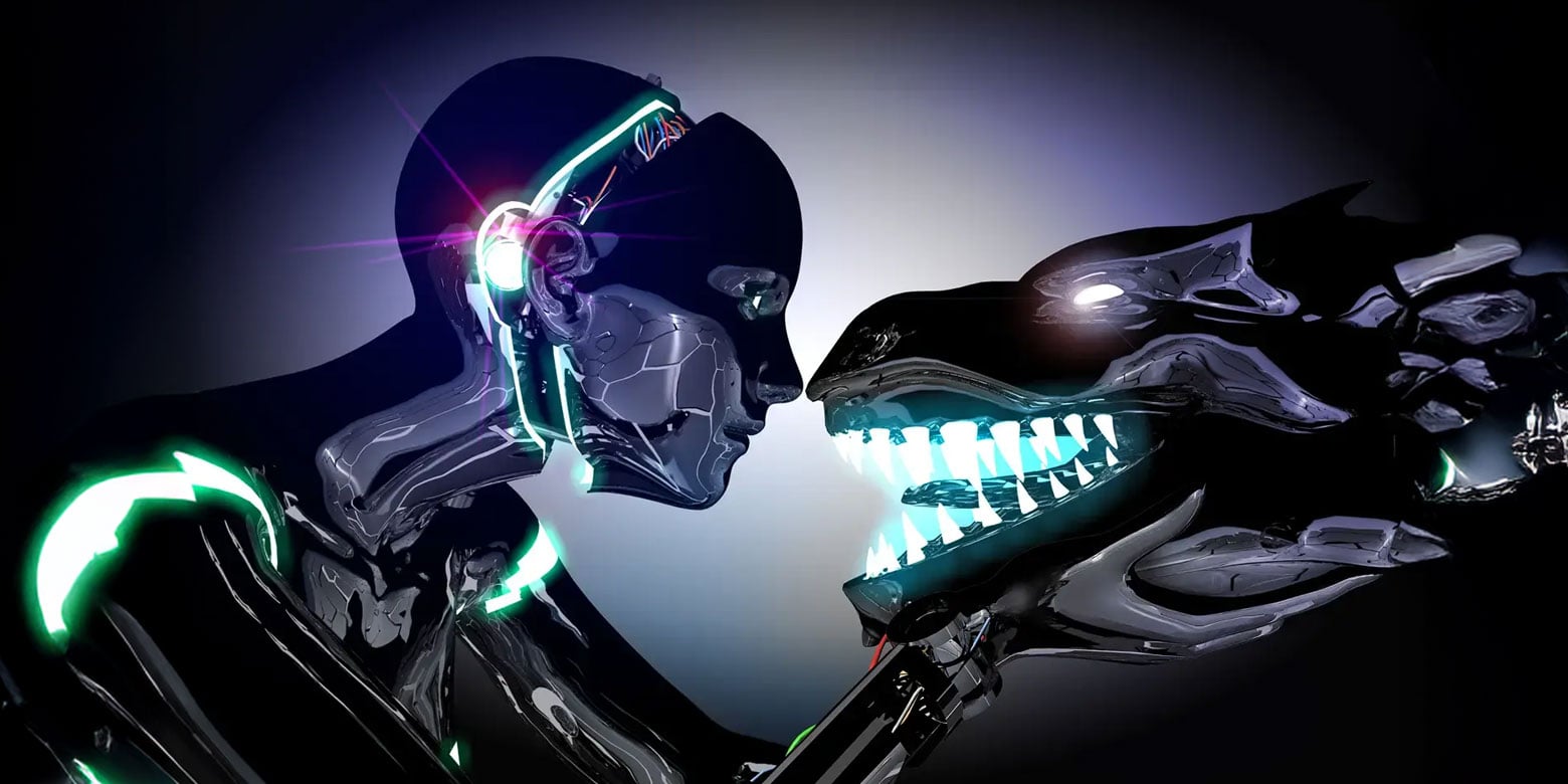AI robot face to face with AI dinosaur 