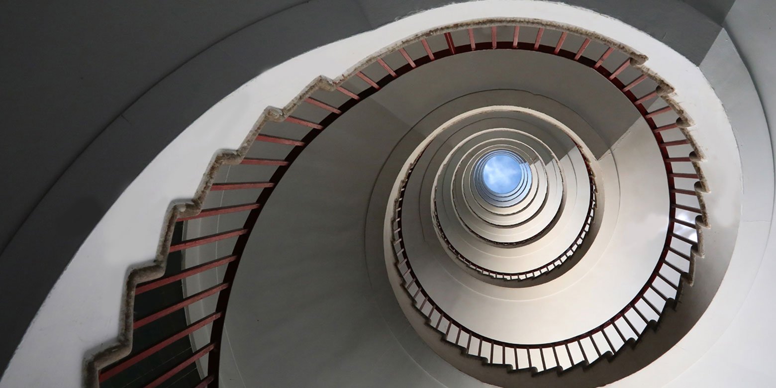 Looking upwards through a spiral design