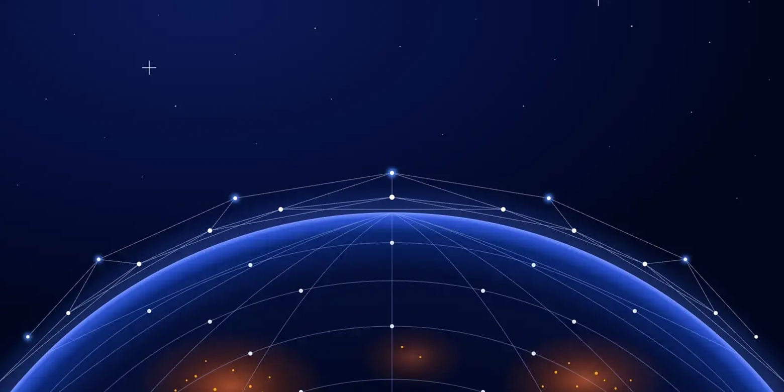 Digital globe with glowing blue network connections against a dark starry background.