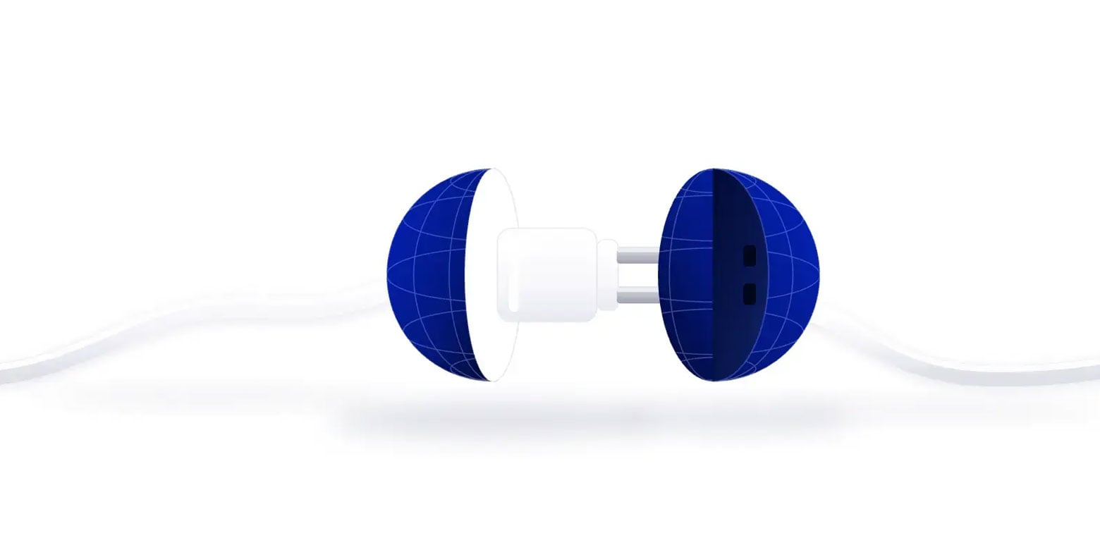 Plug connecting two halves of a blue digital globe.
