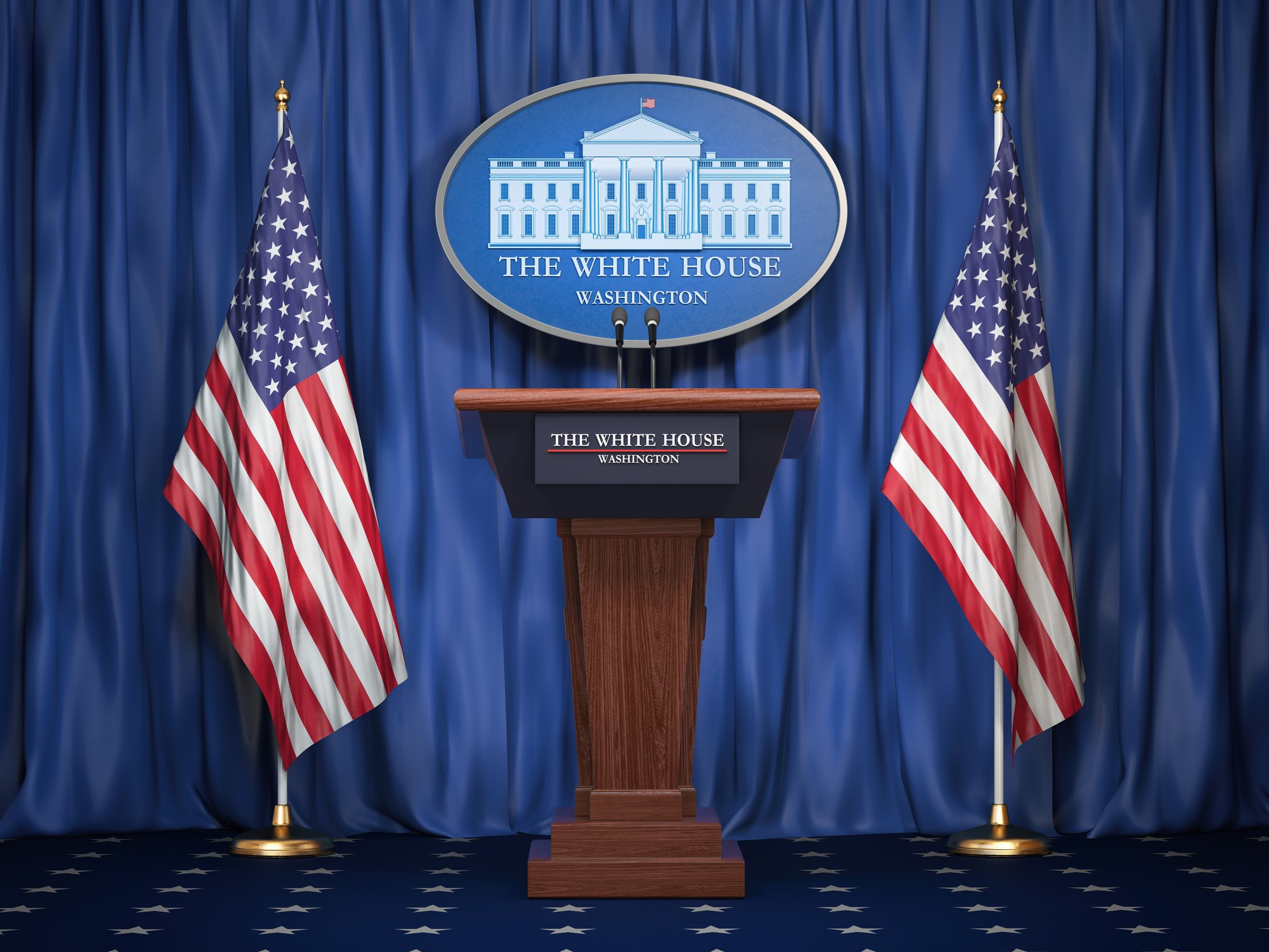 An empty podium in the White House press room flanked by American flags and backed by the White House seal