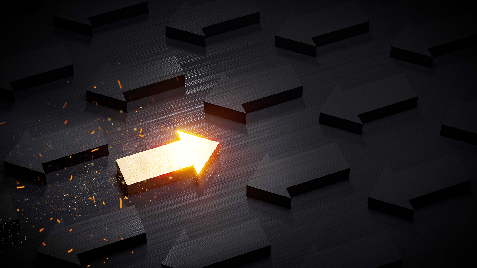 A golden shining arrow points right while black arrows on a black background point left.