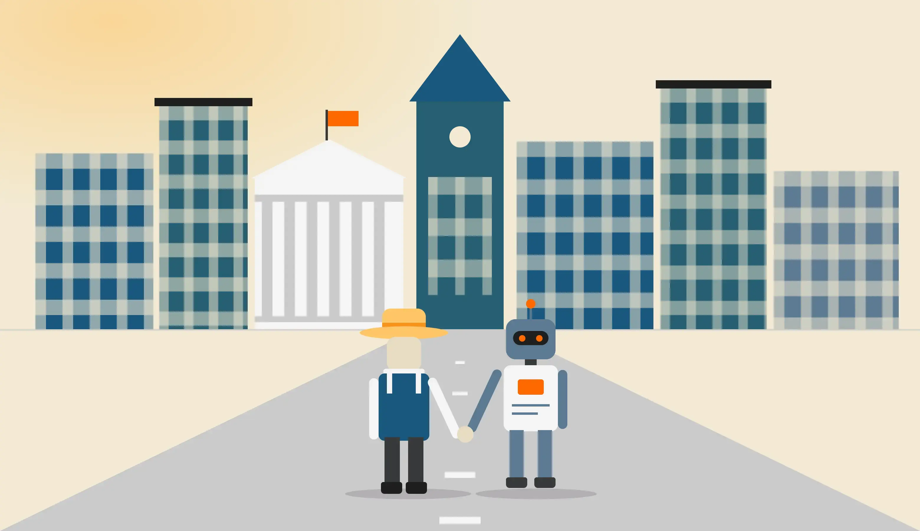 Illustration of a farmer and robot walking together toward a city skyline